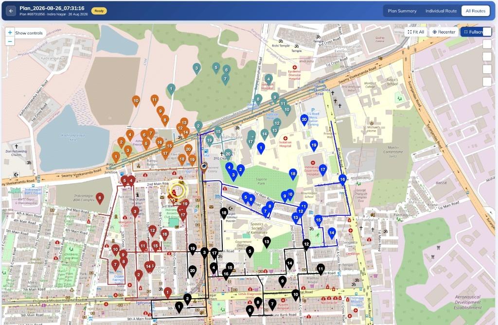 Logibee planning workspace showing multi-route map and stop sequencing